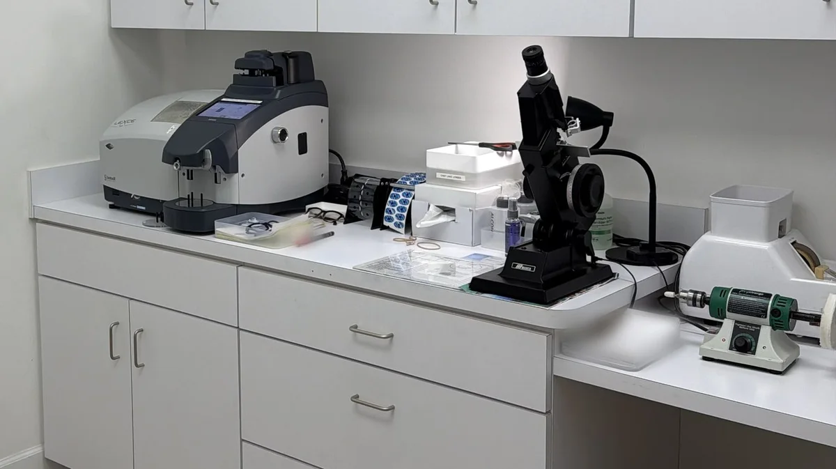 The lens lab in our Odessa office, with the lens edger, lensometer and finishing equipment