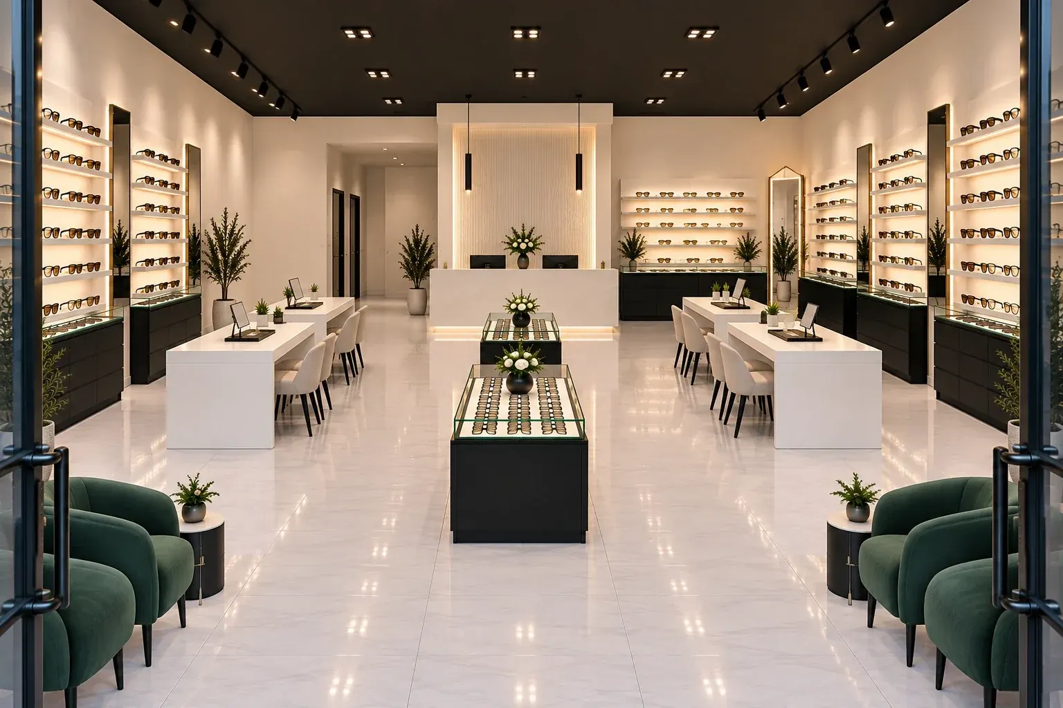 Rendering of the Westshore optical: frame walls, styling tables and a marble front desk